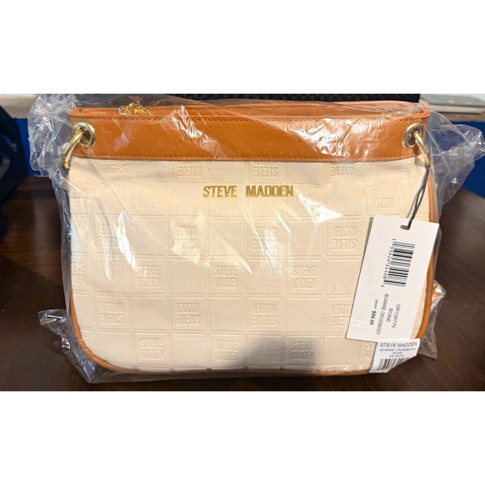 New Steve Madden Beige/Brown Logo Crossbody Purse Chain Strap Zip Gold Hardware